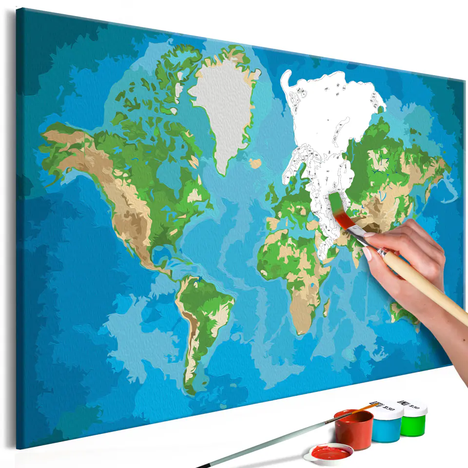 ⁨Obraz do samodzielnego malowania - Mapa świata (niebiesko-zielona) (rozmiar 60x40, wykończenie )⁩ w sklepie Wasserman.eu