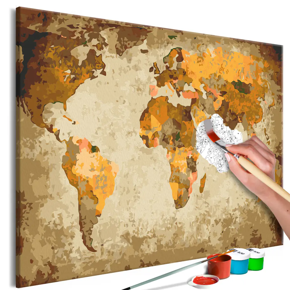 ⁨Obraz do samodzielnego malowania - Brązowa mapa świata (rozmiar 60x40, wykończenie )⁩ w sklepie Wasserman.eu