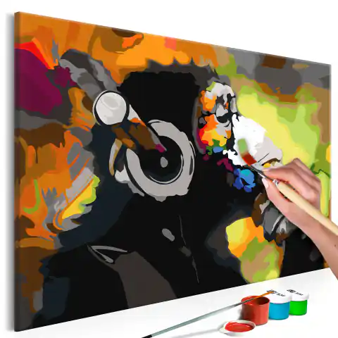 ⁨Obraz do samodzielnego malowania - Kolorowa małpa w słuchawkach (rozmiar 60x40, wykończenie )⁩ w sklepie Wasserman.eu