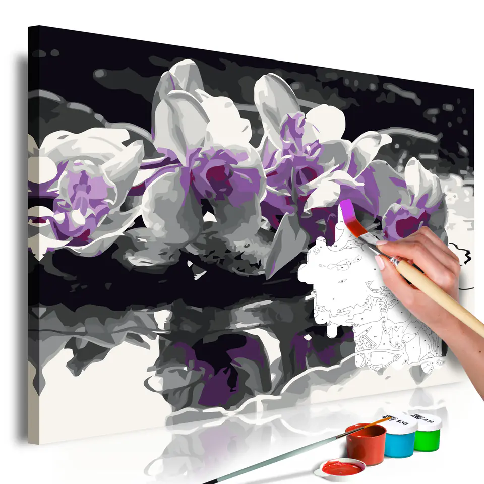 ⁨Self-painting - Purple orchid (black background and reflection in the water) (size 60x40)⁩ at Wasserman.eu