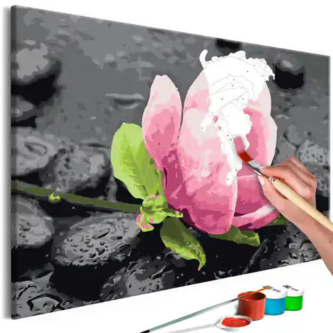 ⁨Obraz do samodzielnego malowania - Różowy kwiat i kamienie⁩ w sklepie Wasserman.eu