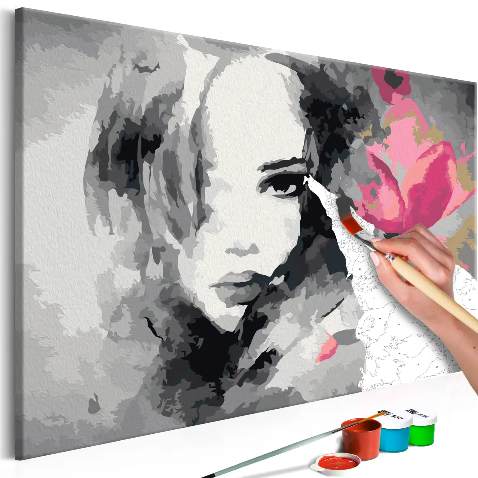⁨Self-painting - Black and white portrait with a pink flower (size 60x40)⁩ at Wasserman.eu