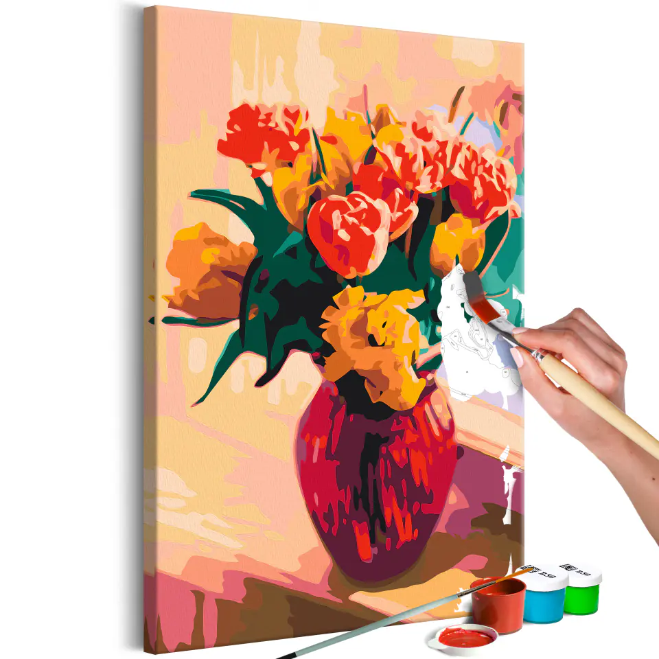 ⁨Obraz do samodzielnego malowania - Tulipany w czerwonej wazie (rozmiar 40x60, wykończenie )⁩ w sklepie Wasserman.eu