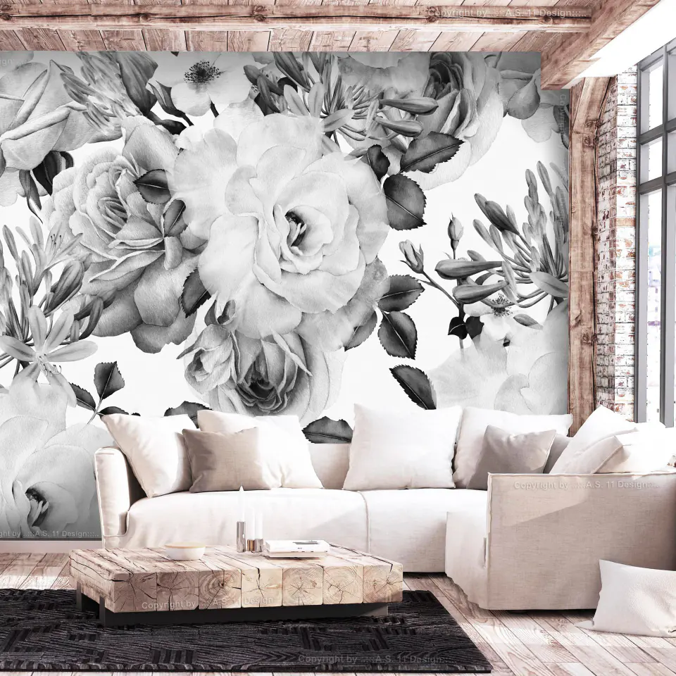 ⁨Wall mural - Sentimental garden (black and white) (size 150x105)⁩ at Wasserman.eu