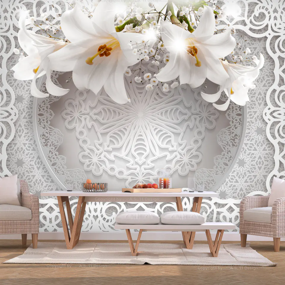 ⁨Fototapeta - Lilie i ornamenty (rozmiar 392x280, wykończenie Samoprzylepna)⁩ w sklepie Wasserman.eu