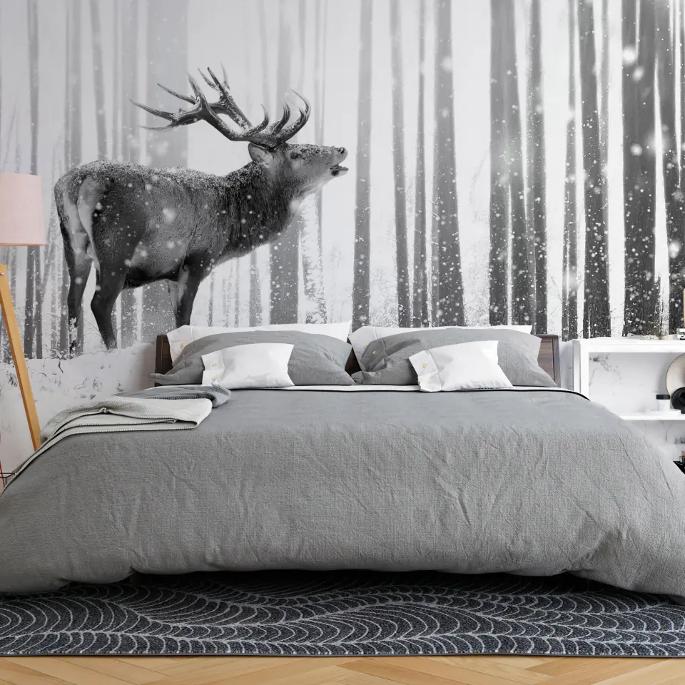 ⁨Wall mural - Deer in the snow (black and white) (size 100x70)⁩ at Wasserman.eu