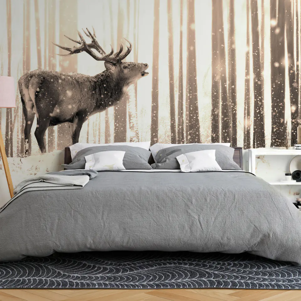 ⁨Wall mural - Deer in the snow (sepia) (size 100x70)⁩ at Wasserman.eu