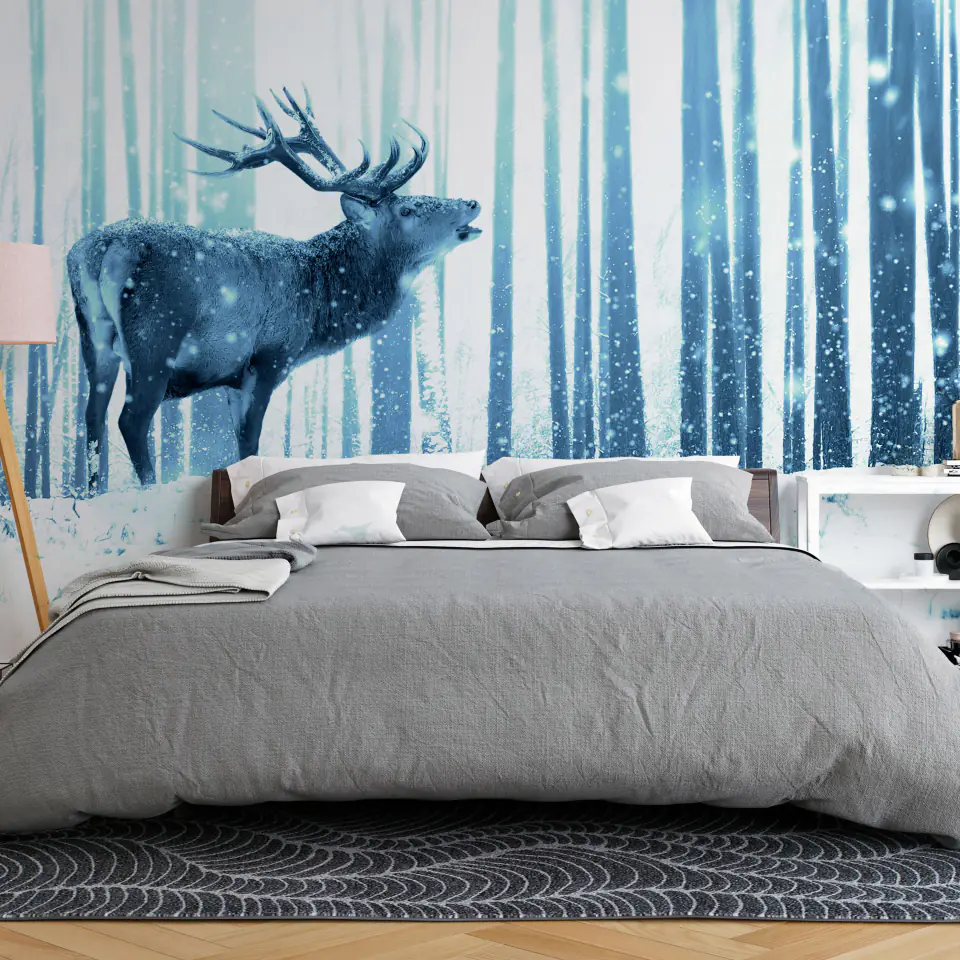 ⁨Wall mural - Deer in the snow (blue) (size 100x70)⁩ at Wasserman.eu