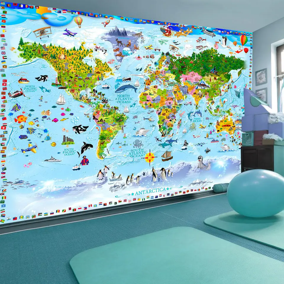 ⁨Fototapeta - Mapa świata dla dzieci (rozmiar 441x315, wykończenie Samoprzylepna)⁩ w sklepie Wasserman.eu