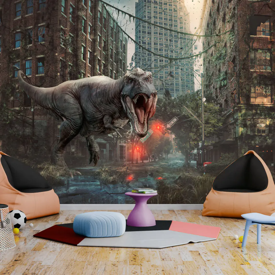 ⁨Self-adhesive wall mural - Dinosaur in the city (size 98x70)⁩ at Wasserman.eu