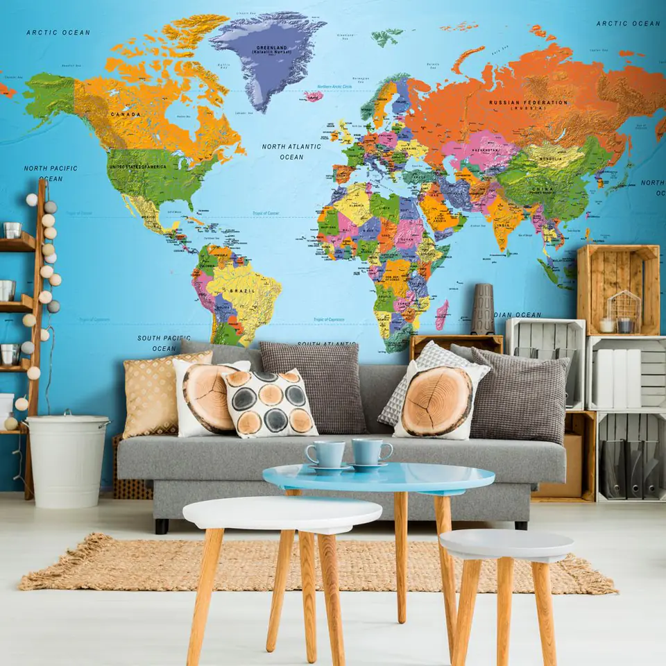 ⁨Fototapeta - Mapa świata: Kolorowa geografia (rozmiar 245x175, wykończenie Samoprzylepna)⁩ w sklepie Wasserman.eu