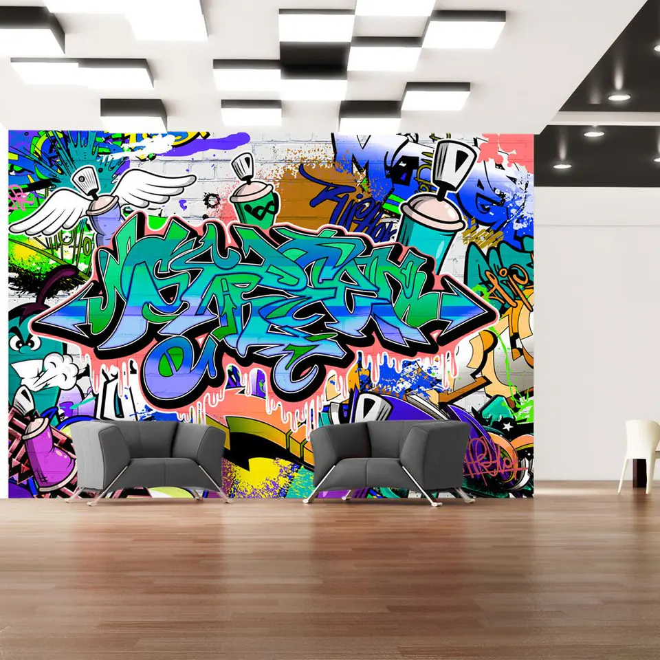 ⁨Fototapeta - Grafiti: niebieski motyw (rozmiar 343x245, wykończenie Samoprzylepna)⁩ w sklepie Wasserman.eu