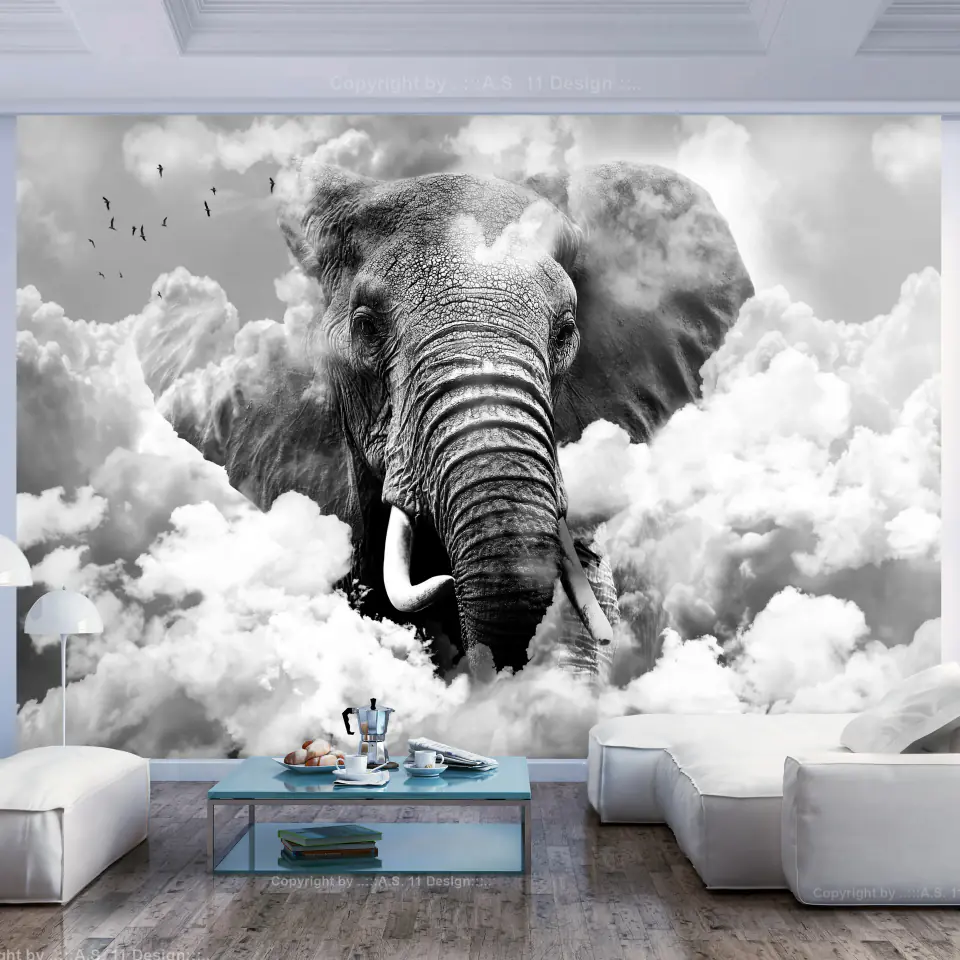 ⁨Wall mural - Elephant in the clouds (black and white) (size 100x70)⁩ at Wasserman.eu