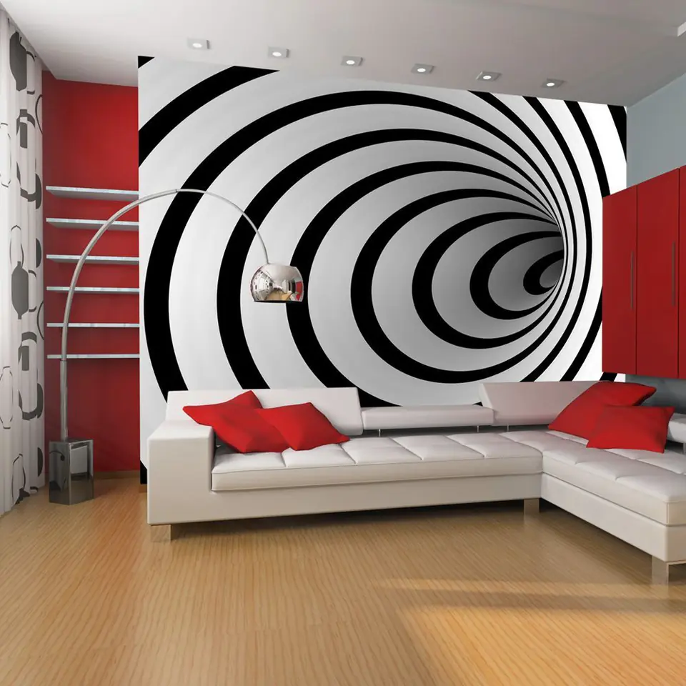 ⁨Wall mural - Black and white 3D tunnel (size 200x154)⁩ at Wasserman.eu