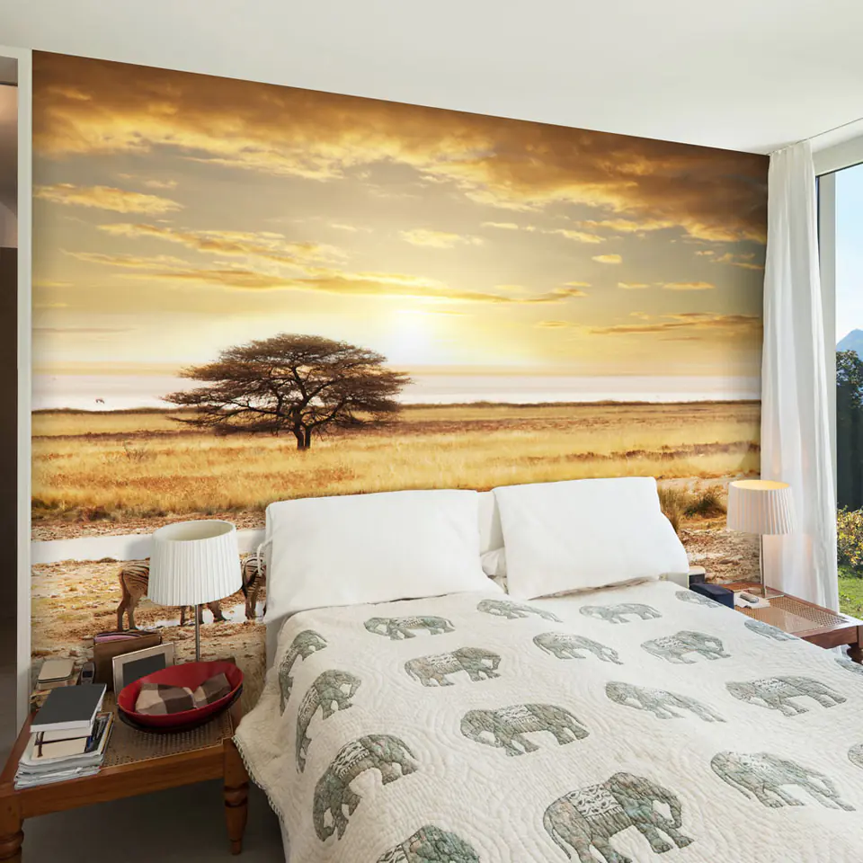 ⁨Wall mural - African zebras at the watering hole (size 200x154)⁩ at Wasserman.eu