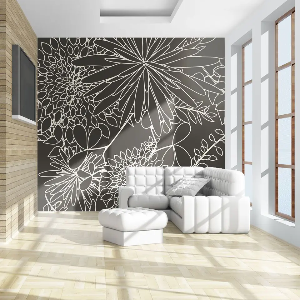 ⁨Wall mural - Black and white floral motif (size 200x154)⁩ at Wasserman.eu