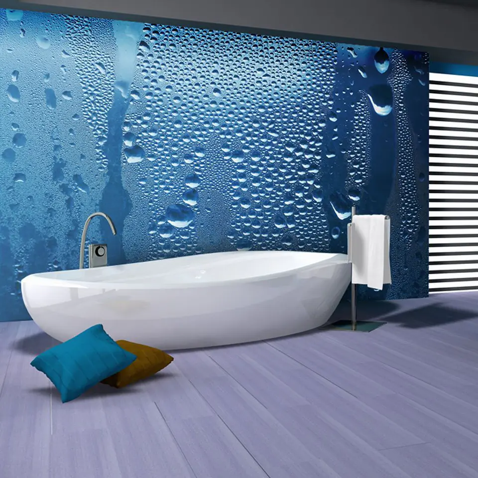 ⁨Wall mural - Water drops on blue glass (size 300x231)⁩ at Wasserman.eu