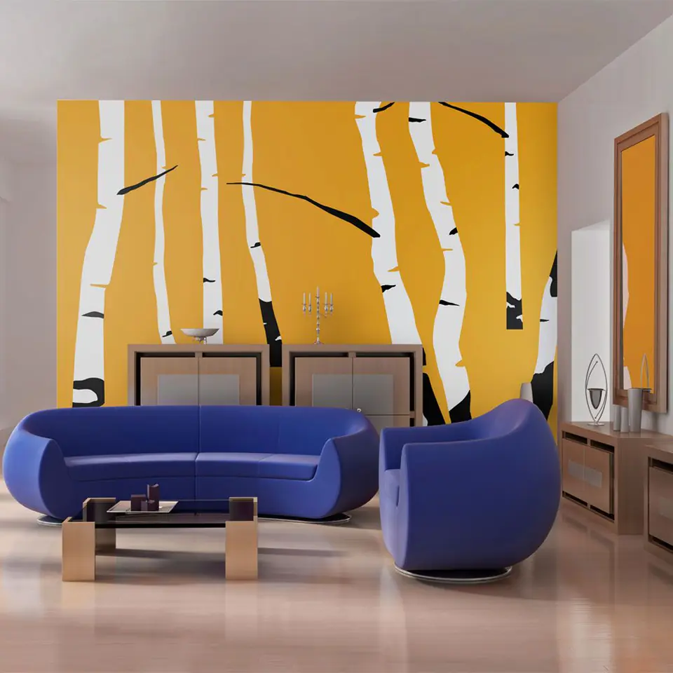 ⁨Fototapeta - Birches on the orange background (rozmiar 250x193, wykończenie Standard)⁩ w sklepie Wasserman.eu