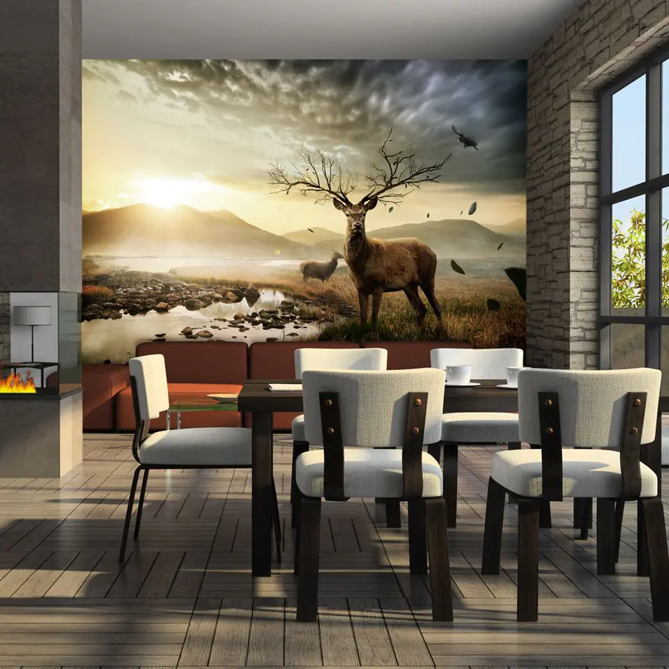 ⁨Wall mural - Deer by the mountain stream (size 200x154)⁩ at Wasserman.eu