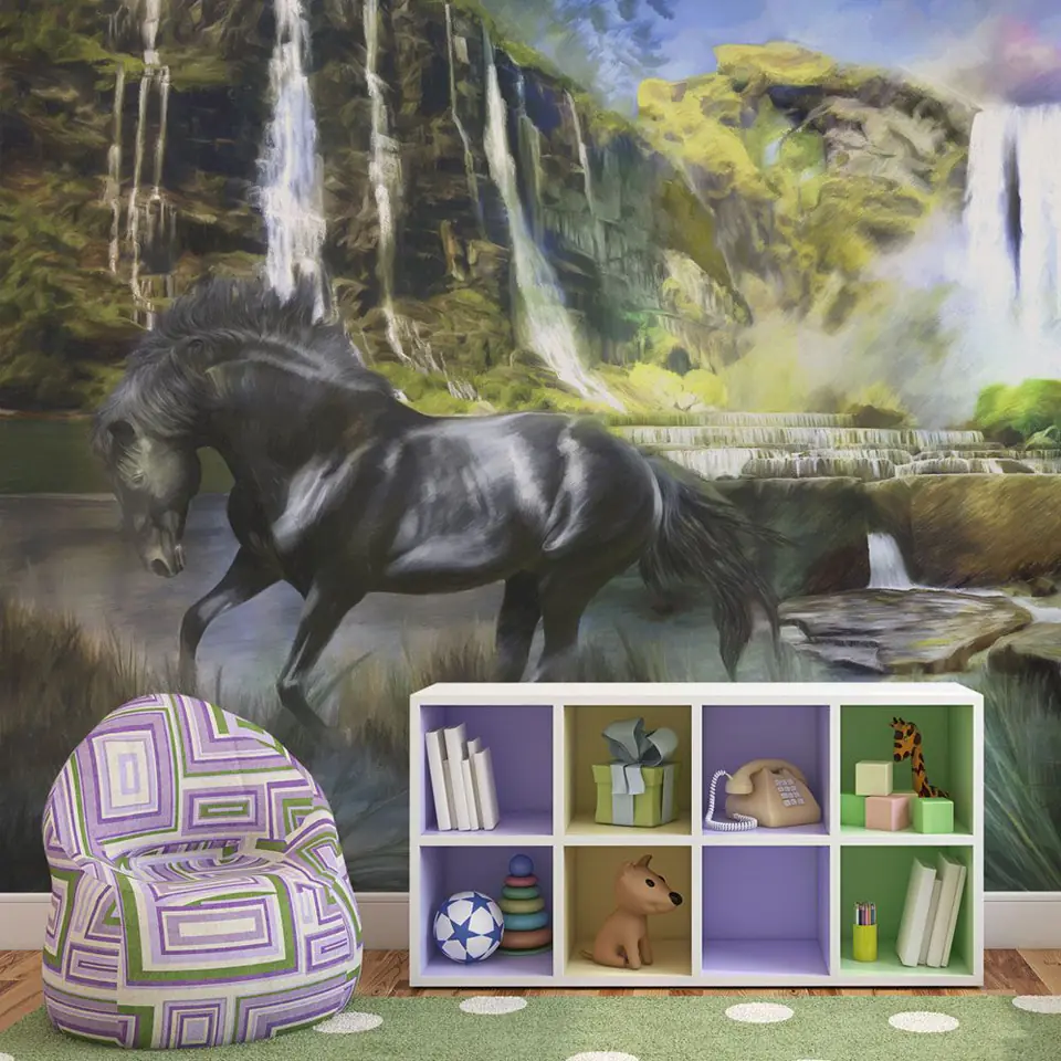 ⁨Wall mural - Horse against the background of a blue waterfall (size 250x193)⁩ at Wasserman.eu