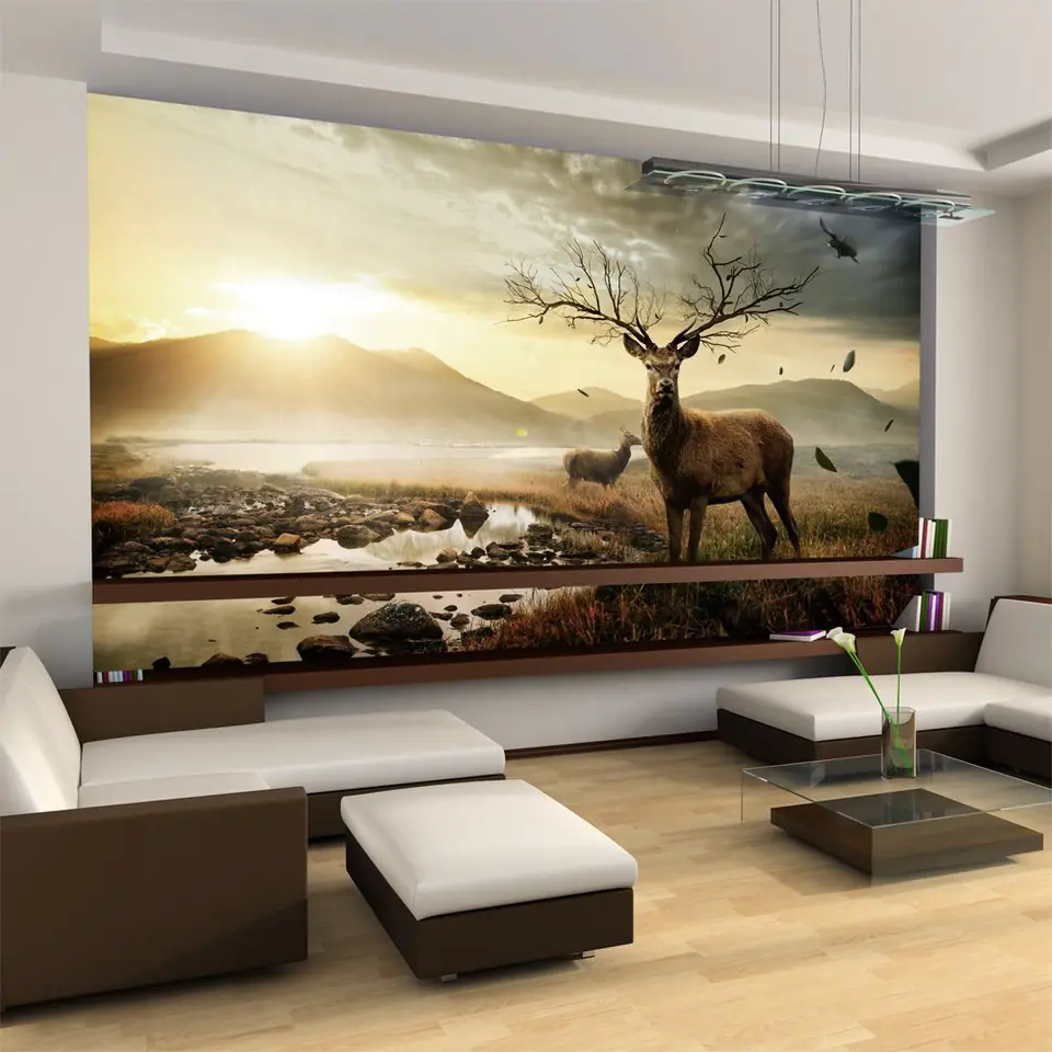 ⁨Wall mural - Deer by the mountain stream (size 450x270)⁩ at Wasserman.eu