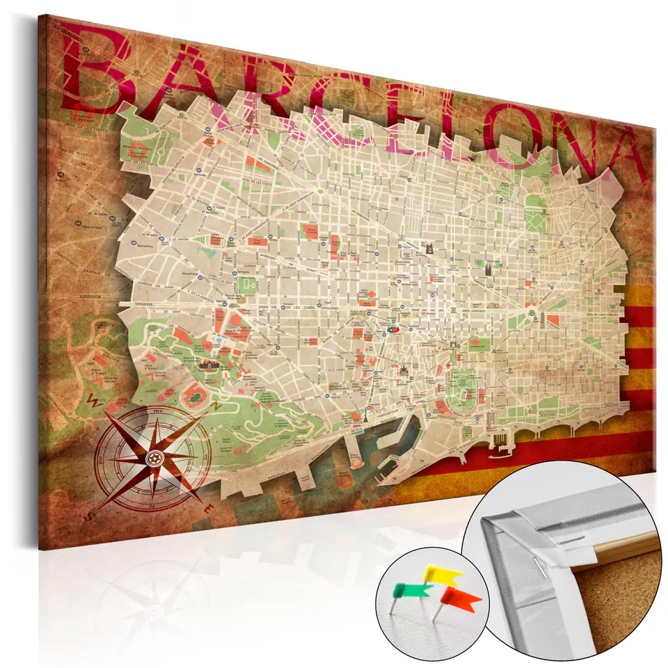 ⁨Obraz na korku - Mapa Barcelony  [Mapa korkowa] (rozmiar 60x40, wykończenie )⁩ w sklepie Wasserman.eu