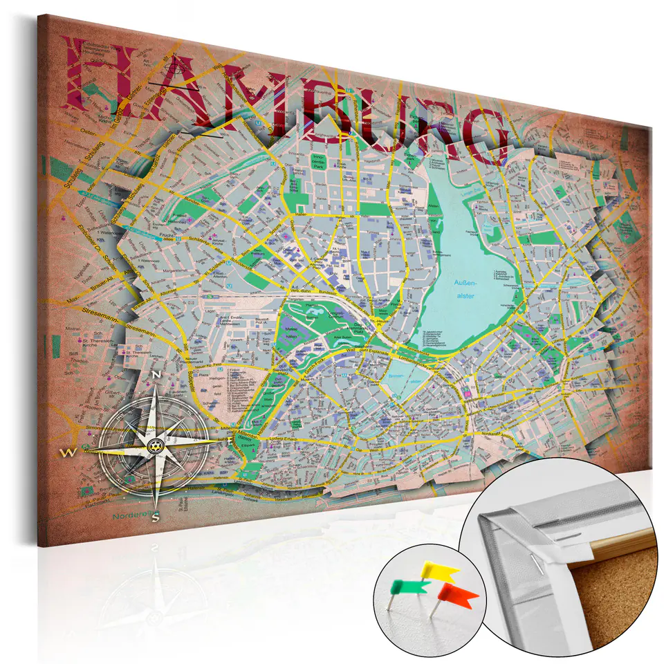 ⁨Obraz na korku - Hamburg [Mapa korkowa] (rozmiar 60x40, wykończenie )⁩ w sklepie Wasserman.eu