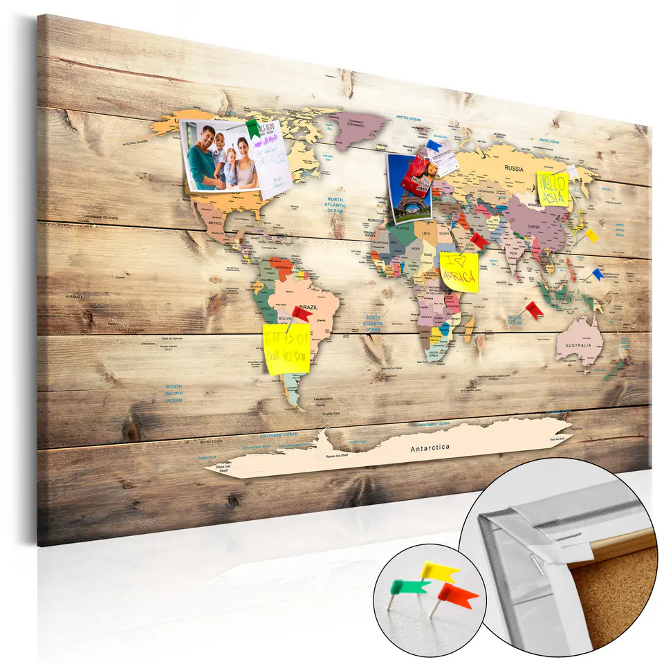 ⁨Picture on cork - World map: wooden oceans [Cork map] (size 90x60)⁩ at Wasserman.eu