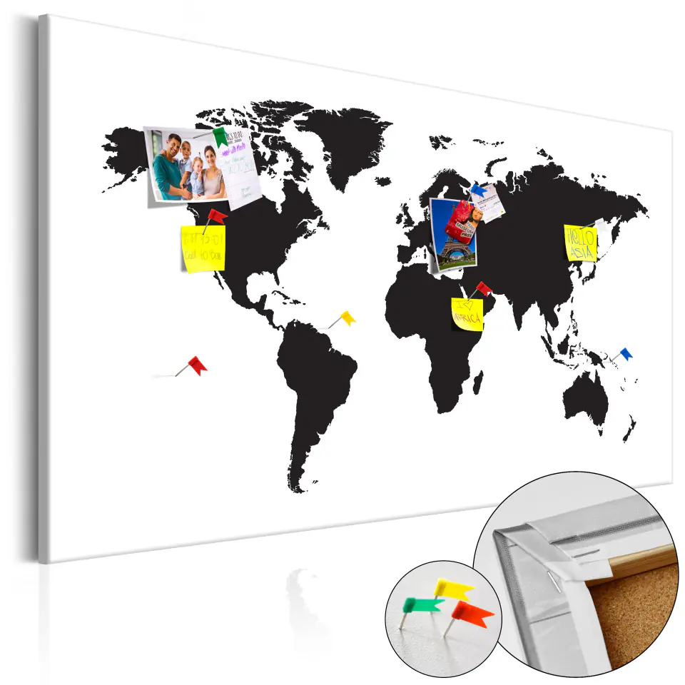 ⁨Picture on cork - World map: Black and white elegance [Cork map] (size 120x80)⁩ at Wasserman.eu