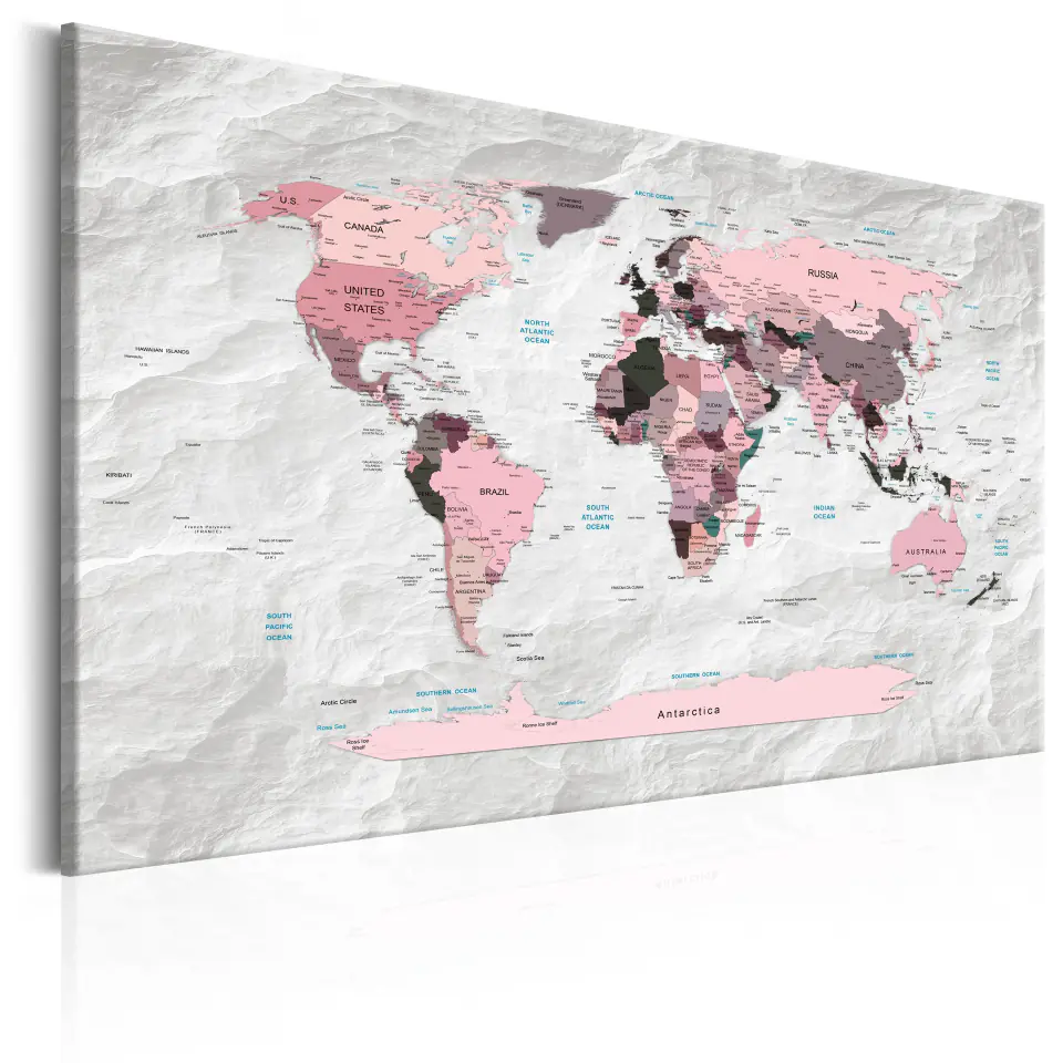 ⁨Picture - World Map: Pink continents (size 120x80)⁩ at Wasserman.eu