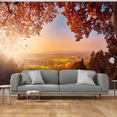 ⁨Fototapeta - Jesienny zachwyt - słoneczny pejzaż z wsią w otoczeniu drzew i pól (rozmiar 100x70, wykończenie Premium)⁩ w sklepie Wasserman.eu