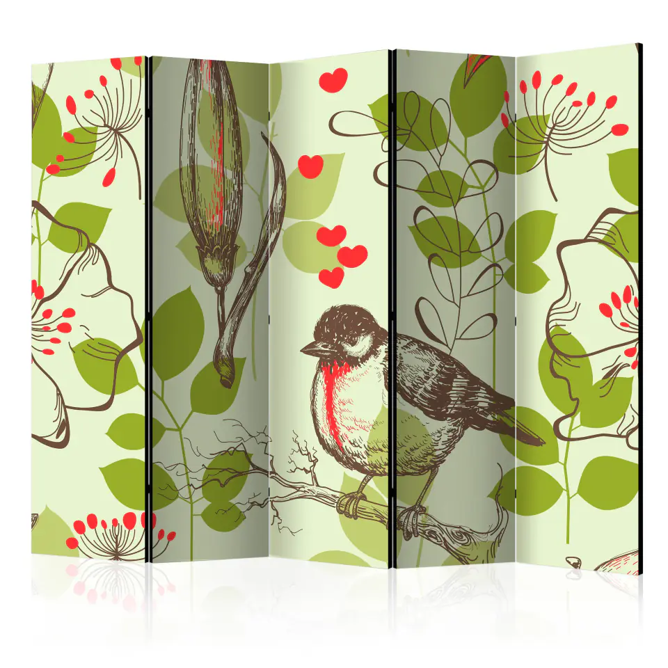 ⁨5-piece screen - Bird and lilies - vintage theme II [Room Dividers] (size 225x172)⁩ at Wasserman.eu