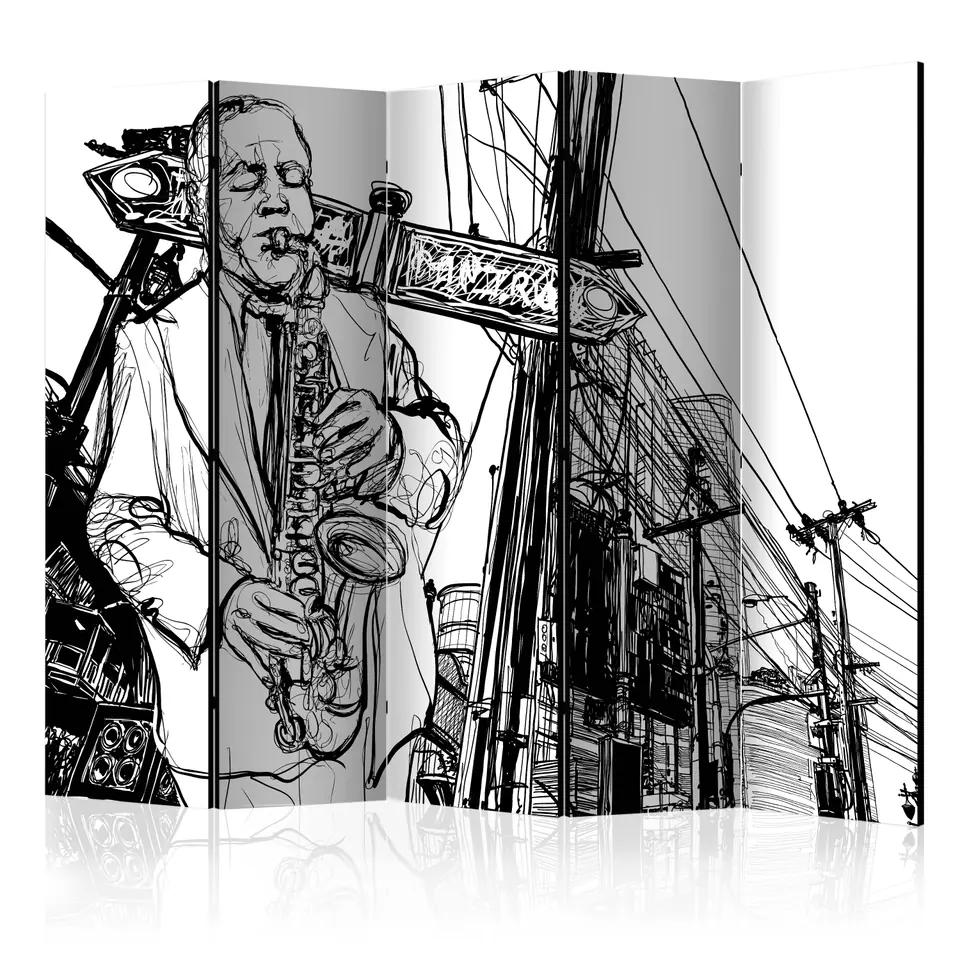 ⁨Parawan - Saxophone recital on Broadway II [Room Dividers] (rozmiar 225x172, wykończenie Dwustronny)⁩ w sklepie Wasserman.eu