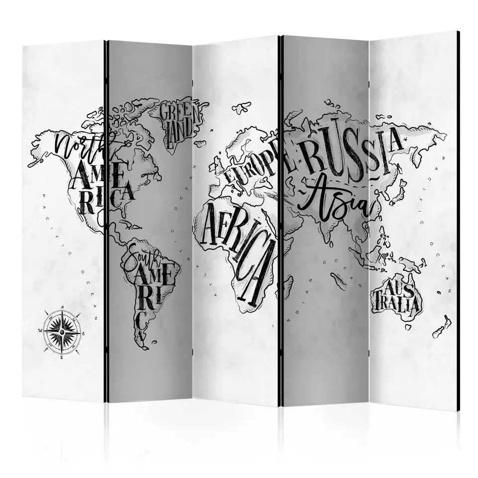 ⁨5-piece screen - Retro continents (gray) II [Room Dividers] (size 225x172)⁩ at Wasserman.eu