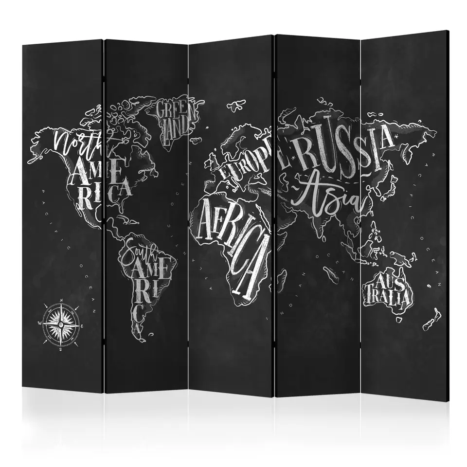 ⁨5-piece screen - Retro continents (black) II [Room Dividers] (size 225x172)⁩ at Wasserman.eu