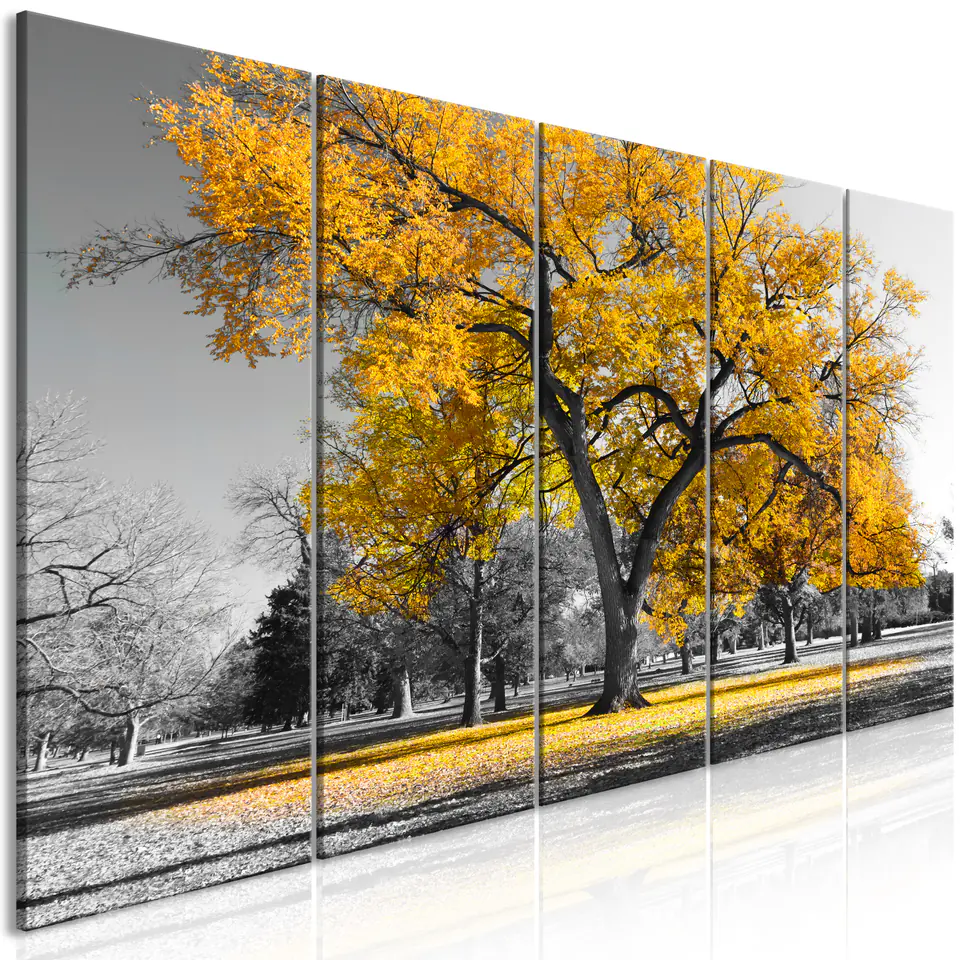 ⁨Obraz - Jesień w parku (5-częściowy) wąski złoty (rozmiar 225x90, wykończenie Premium Print)⁩ w sklepie Wasserman.eu