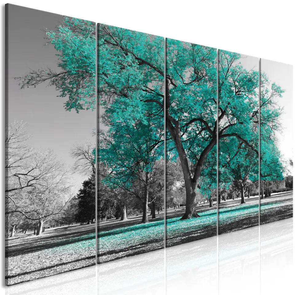 ⁨Obraz - Jesień w parku (5-częściowy) wąski turkusowy (rozmiar 225x90, wykończenie Premium Print)⁩ w sklepie Wasserman.eu