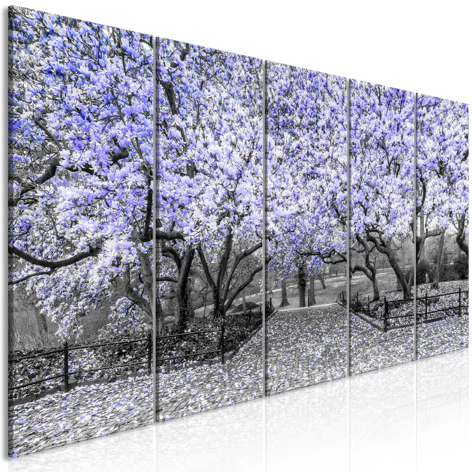 ⁨Obraz - Park magnolii (5-częściowy) wąski fioletowy (rozmiar 225x90, wykończenie Premium Print)⁩ w sklepie Wasserman.eu