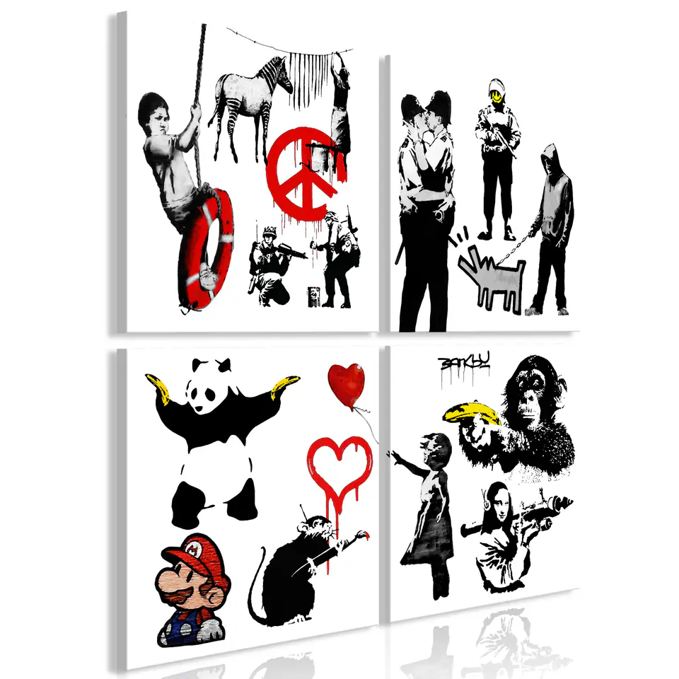 ⁨Obraz - Świat Banksy (4-częściowy) (rozmiar 40x40, wykończenie Premium Print)⁩ w sklepie Wasserman.eu