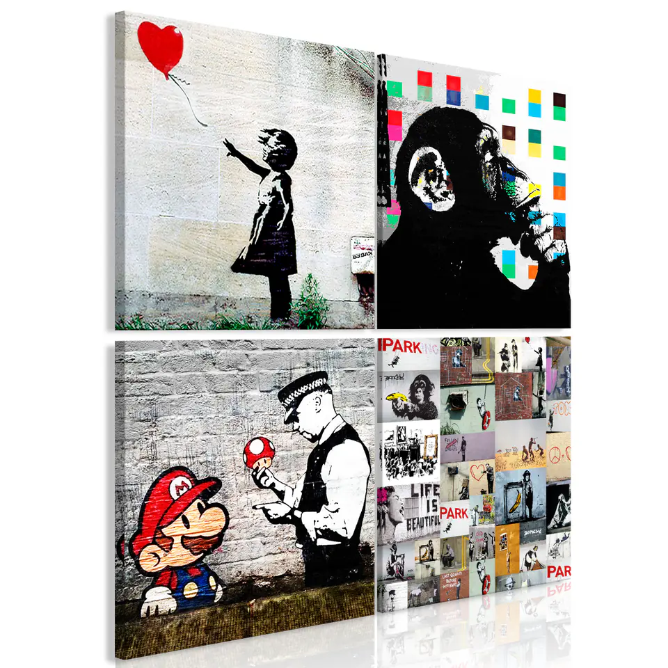 ⁨Obraz - Kolaż Banksy (4-częściowy) (rozmiar 80x80, wykończenie Standard)⁩ w sklepie Wasserman.eu