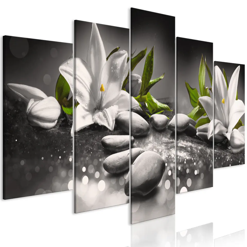 ⁨Picture - Lilies and stones (5-piece) wide gray (size 100x50)⁩ at Wasserman.eu