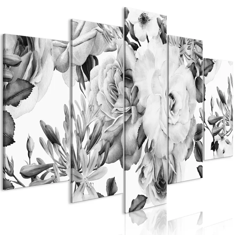 ⁨Obraz - Różana kompozycja (5-częściowy) szeroki czarno-biały (rozmiar 225x112.5, wykończenie Premium Print)⁩ w sklepie Wasserman.eu