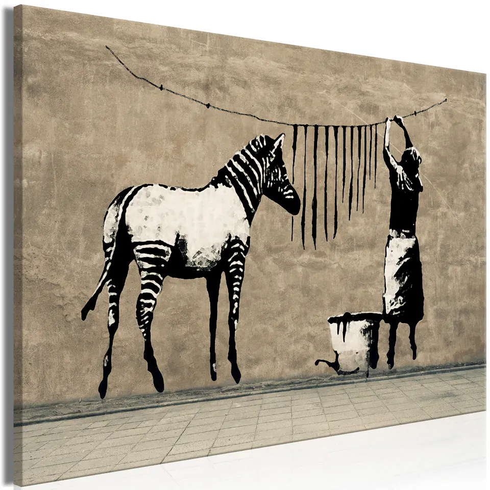 ⁨Obraz - Banksy: Pranie zebry na betonie (1-częściowy) szeroki (rozmiar 30x20, wykończenie Na płótnie włoskim)⁩ w sklepie Wasserman.eu