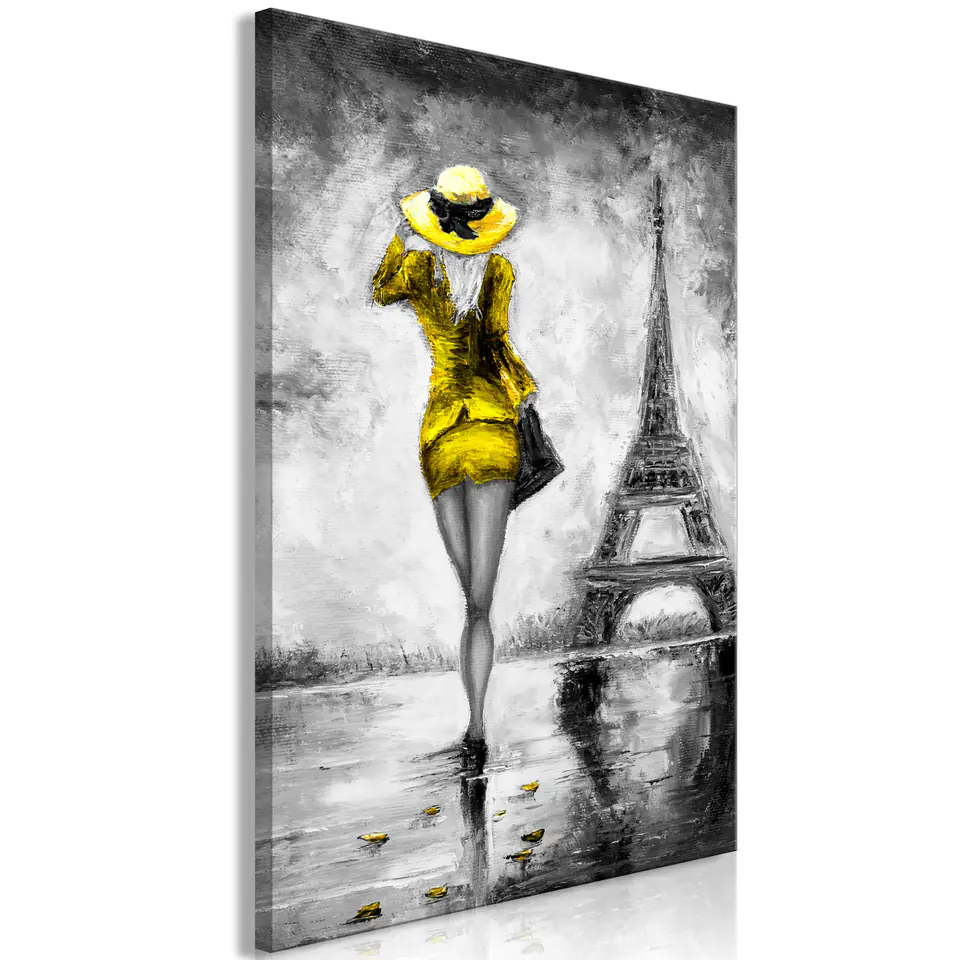 ⁨Obraz - Paryska kobieta (1-częściowy) pionowy żółty (rozmiar 80x120, wykończenie Premium Print)⁩ w sklepie Wasserman.eu