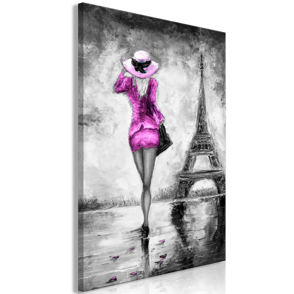 ⁨Obraz - Paryska kobieta (1-częściowy) pionowy różowy (rozmiar 80x120, wykończenie Premium Print)⁩ w sklepie Wasserman.eu