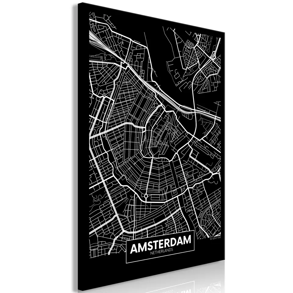 ⁨Obraz - Ciemna mapa Amsterdamu (1-częściowy) pionowy (rozmiar 20x30, wykończenie Standard)⁩ w sklepie Wasserman.eu