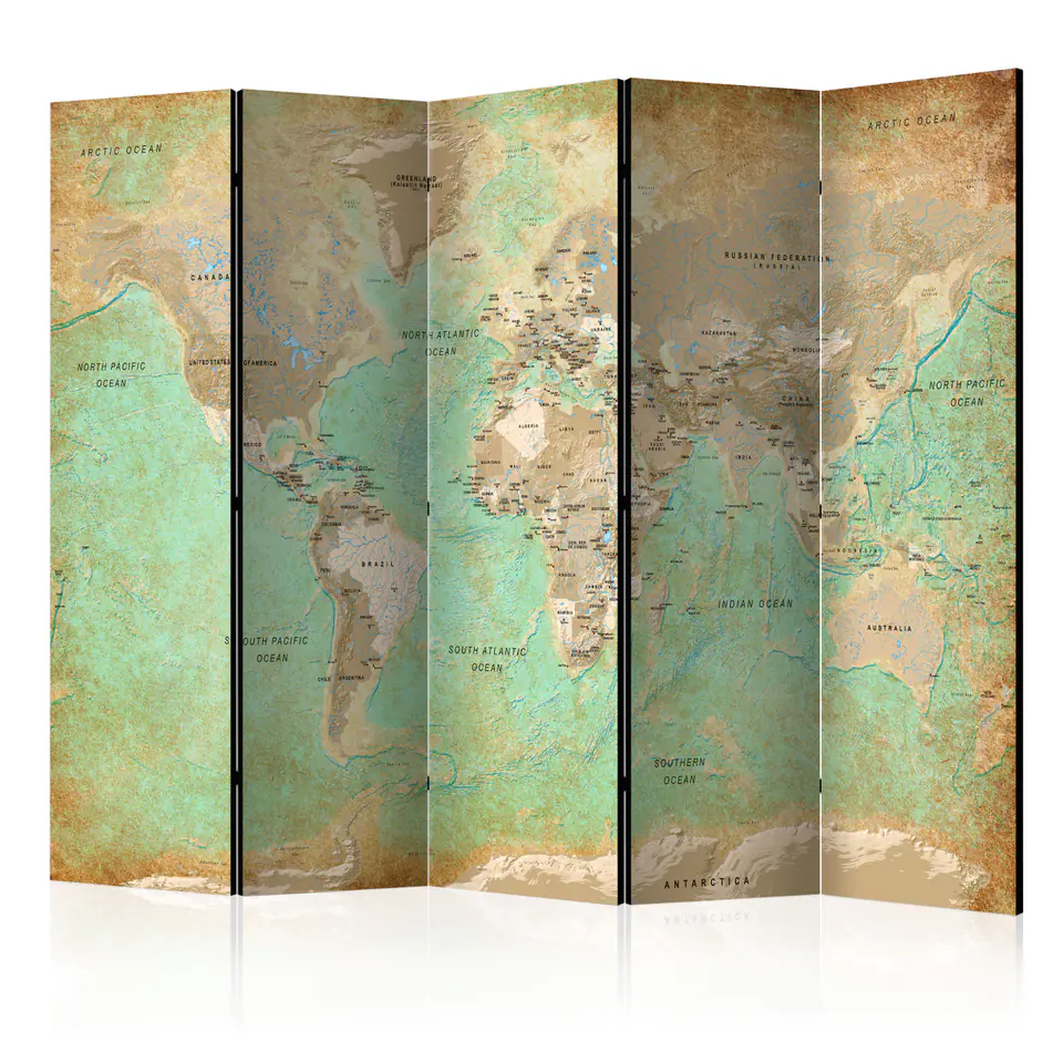 ⁨Screen 5-piece - Turquoise World Map [Room Dividers] (size 225x172)⁩ at Wasserman.eu