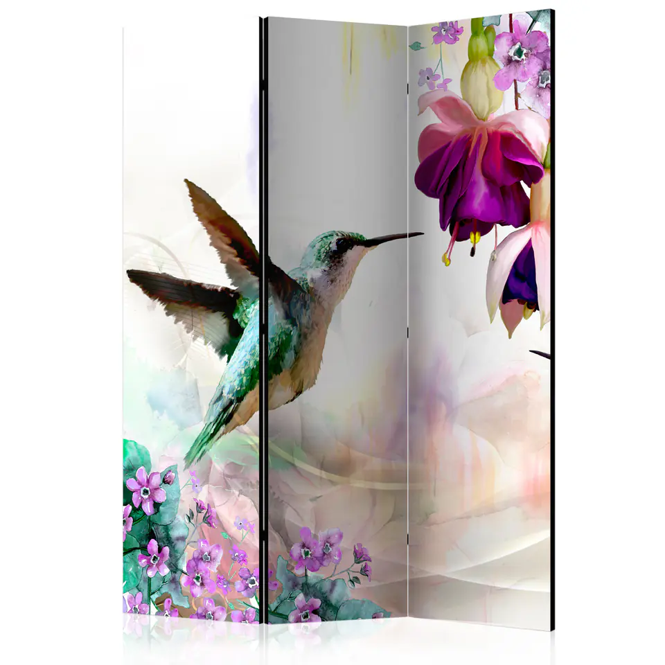 ⁨Parawan - Kolibry i kwiaty [Room Dividers] (rozmiar 135x172, wykończenie Akustyczny)⁩ w sklepie Wasserman.eu