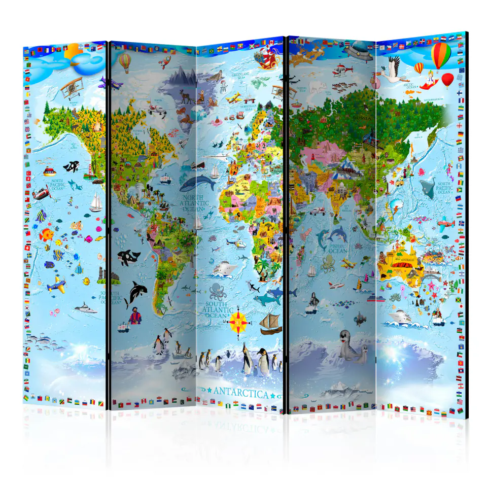⁨5-piece screen - World Map for children II [Room Dividers] (size 225x172)⁩ at Wasserman.eu