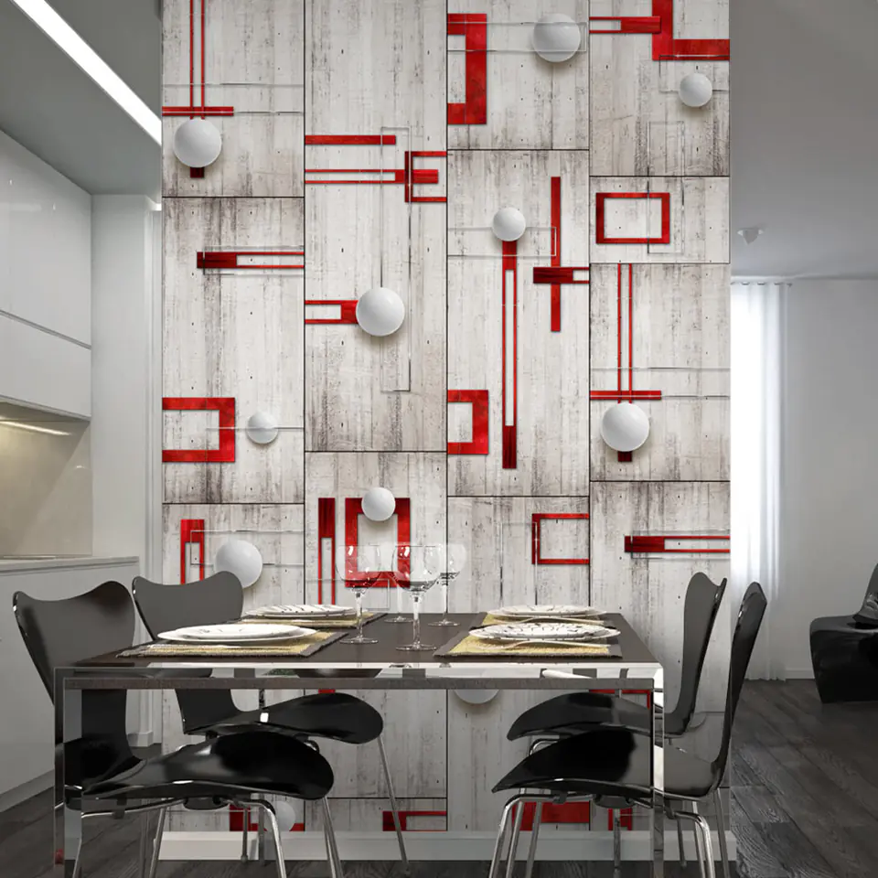 ⁨Wall mural - Concrete, red frames and white balls (size 50x1000)⁩ at Wasserman.eu